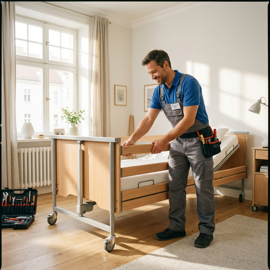Ein freundlicher Handwerker in sauberer Arbeitskleidung baut in einem hellen Schlafzimmer ein Pflegebett auf. Er befestigt gerade ein Seitenteil aus Holz. Die Stimmung ist professionell und hilfsbereit.
