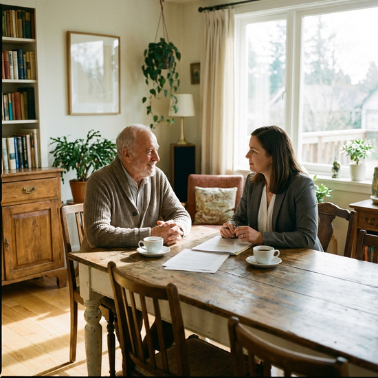 Ein älterer Herr sitzt lächelnd am Esstisch in seinem gemütlichen Wohnzimmer und spricht mit einer freundlichen Beraterin, die ihm aufmerksam zuhört. Auf dem Tisch liegen einige Papiere. Angenehmes Tageslicht.
