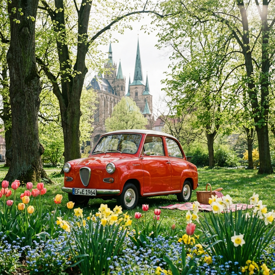 Ein rotes Elektromobil steht geparkt in einem grünen Park in Erfurt, umgeben von blühenden Blumen und alten Bäumen. Ein perfekter Frühlingstag lädt zu einer Ausfahrt ein.