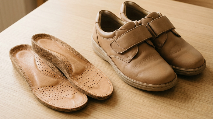 Nahaufnahme von hochwertigen orthopädischen Kork-Leder-Einlagen, die neben einem bequemen Paar Senioren-Halbschuhen auf einem hellen Holztisch liegen. Warme Beleuchtung, professionelle Produktfotografie ohne Text.