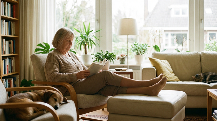 Eine ältere Dame sitzt entspannt in einem hellen, gemütlichen Wohnzimmer auf einem Sessel und trägt unauffällige, hautfarbene Kompressionsstrümpfe. Sie liest ein Buch, weiches Tageslicht, harmonische Atmosphäre.