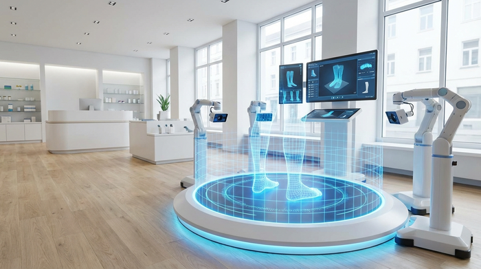 Ein moderner, sauberer Raum in einem Sanitätshaus mit einer leuchtenden Plattform für digitale 3D-Scans von Füßen und Beinen. Helle, medizinische und freundliche Umgebung, technologisch fortschrittlich, ohne Text.
