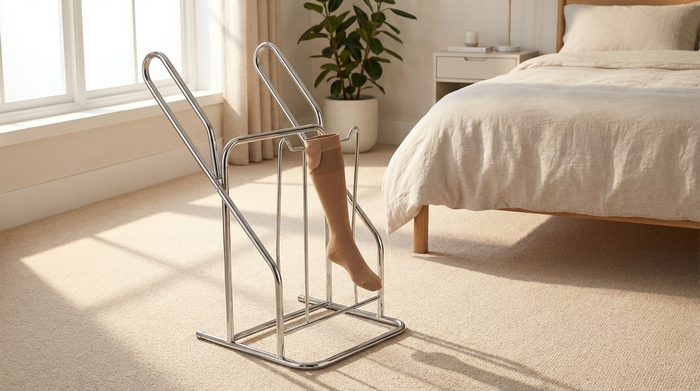 Ein praktisches Anziehgestell aus glänzendem Metall für Kompressionsstrümpfe steht auf einem hellen Teppichboden in einem aufgeräumten Schlafzimmer. Klare Formen, realistisches Morgenlicht, saubere Umgebung.