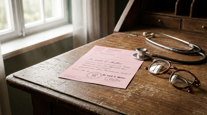 Ein rosafarbenes ärztliches Rezept liegt auf einem sauberen Holztisch neben einem Stethoskop und einer Lesebrille. Sanftes Tageslicht fällt durch das Fenster auf den Tisch.