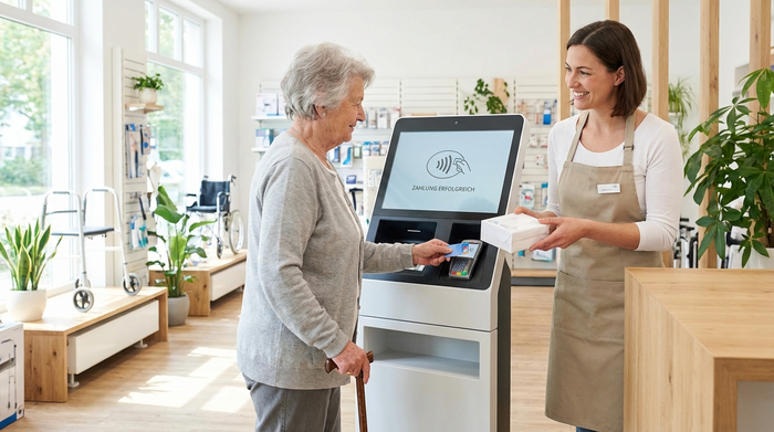 Eine ältere Dame bezahlt im Sanitätshaus mit ihrer EC-Karte an einem modernen Terminal. Die freundliche Verkäuferin überreicht ihr lächelnd ein kleines Päckchen in einer hellen, sauberen Umgebung.