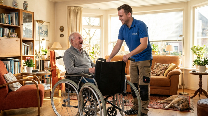 Ein Orthopädietechniker in professioneller Arbeitskleidung passt im gemütlichen Zuhause eines Senioren einen Rollstuhl an. Beide lächeln, der Raum ist lichtdurchflutet und wohnlich eingerichtet.