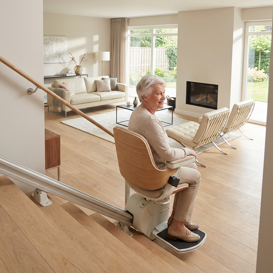 Ein moderner, bequemer Treppenlift gleitet sanft eine helle Holztreppe in einem gepflegten Einfamilienhaus hinauf. Im Hintergrund sieht man ein stilvoll eingerichtetes Wohnzimmer.