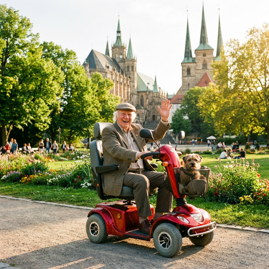 Ein rüstiger Rentner fährt an einem sonnigen Tag mit einem roten Elektromobil durch einen grünen Park in Erfurt. Er wirkt glücklich, entspannt und unabhängig.