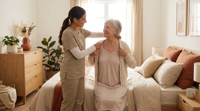 Eine sympathische Pflegekraft hilft einer älteren Dame behutsam beim Anziehen einer hellen Strickjacke. Beide lächeln sich freundlich an. Das Schlafzimmer ist hell, ordentlich und in warmen Erdtönen gehalten.