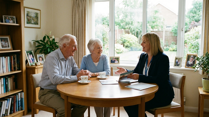 Ein älteres Ehepaar sitzt gemeinsam mit einer Pflegeberaterin an einem runden Holztisch. Die Stimmung ist entspannt und aufklärend, sanftes Tageslicht fällt durch das Fenster in den aufgeräumten Raum.