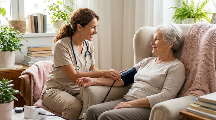 Eine erfahrene Pflegekraft misst sanft den Blutdruck einer Seniorin, die entspannt auf einem bequemen Sessel sitzt. Medizinische Kompetenz und Empathie stehen im Vordergrund der hellen, freundlichen Szene.