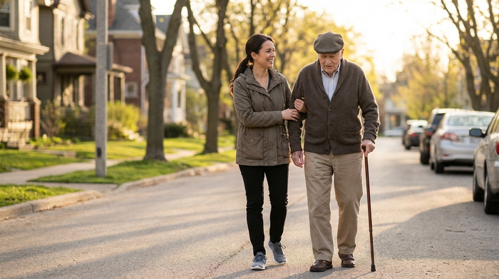 Eine lächelnde Pflegerin und ein Senior gehen langsam spazieren. Sie stützt ihn leicht am Arm. Im Hintergrund erkennt man unscharf eine typische, ruhige Wohnstraße an einem sonnigen Nachmittag.