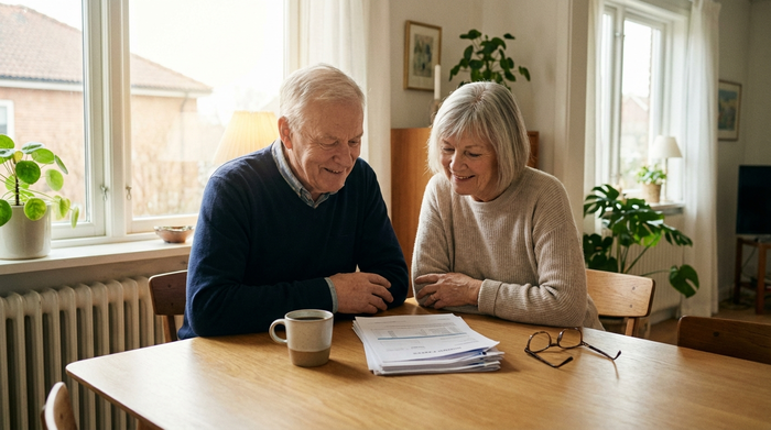 Ein älteres Ehepaar sitzt gemeinsam an einem aufgeräumten Esstisch und schaut entspannt auf einige ordentlich gestapelte Dokumente. Eine Tasse Kaffee steht daneben. Helle, freundliche und beruhigende Stimmung im Raum.