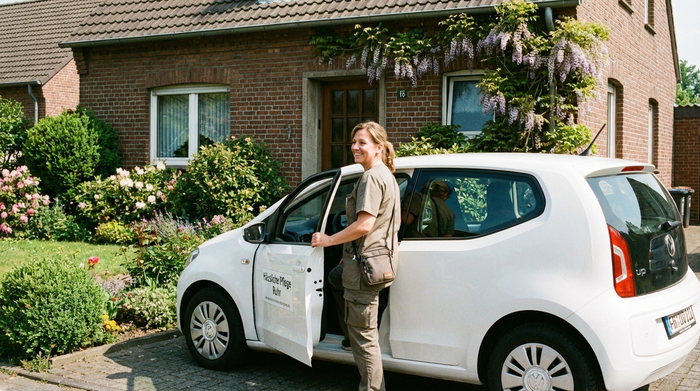 Eine freundliche Pflegekraft steigt aus einem weißen Kleinwagen vor einem gepflegten typischen Zechenhaus im Ruhrgebiet. Grüner Vorgarten, sonniger Tag, die Pflegekraft trägt eine kleine Tasche und lächelt.