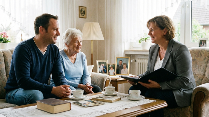 Eine erfahrene Pflegedienstleitung im Gespräch mit einem erwachsenen Sohn und seiner älteren Mutter im heimischen Wohnzimmer. Alle lächeln sich freundlich zu, entspannte und professionelle Beratungssituation.