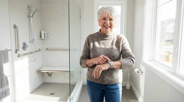 Eine rüstige Seniorin drückt lächelnd auf einen modernen Hausnotruf-Knopf an ihrem Handgelenk. Sie steht sicher in einem hellen, modernen und barrierefreien Badezimmer mit bodengleicher Dusche.