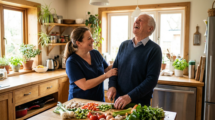 Eine liebevolle Betreuungskraft kocht gemeinsam mit einem älteren Herrn in einer gemütlichen, gut beleuchteten Küche. Beide schneiden frisches Gemüse und lachen herzlich miteinander.