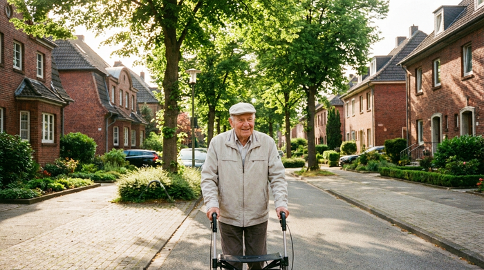 Ein älterer Herr spaziert an einem sonnigen Tag mit seinem Rollator sicher durch eine gepflegte Wohnsiedlung mit typischen Backsteinhäusern im Ruhrgebiet. Grüne Bäume säumen den Weg. Realistische Fotografie, hell und freundlich, ohne Text.