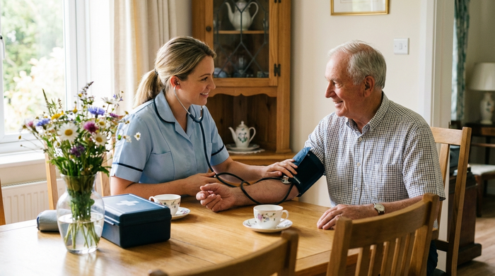 Eine freundliche Pflegefachkraft misst den Blutdruck eines älteren Mannes am Esstisch. Auf dem Tisch stehen frische Blumen. Die Szene wirkt ruhig, professionell und medizinisch sicher. Helle, natürliche Farben, realistische Darstellung.