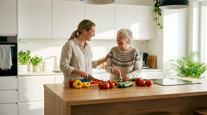 Eine jüngere Betreuerin und eine Seniorin kochen gemeinsam in einer sauberen, modernen Küche. Beide lachen und schneiden frisches Gemüse. Warme und herzliche Stimmung, gepflegtes häusliches Umfeld, hohe fotografische Qualität.