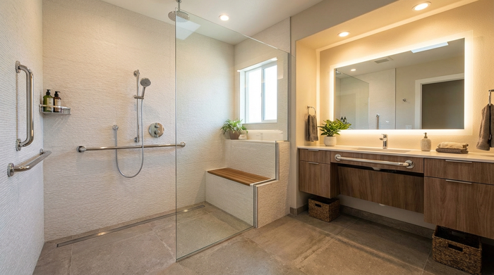 Ein modernes, barrierefreies Badezimmer mit einer großzügigen, bodengleichen Dusche, Haltegriffen an den hellen Fliesenwänden und einem rutschfesten Boden. Sauber, gut ausgeleuchtet, elegantes Design ohne medizinisch kühl zu wirken.