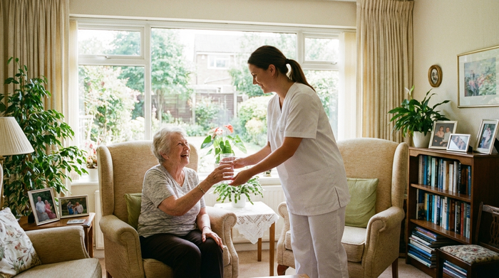 Eine freundliche Pflegekraft in weißer Berufskleidung reicht einer lächelnden Seniorin ein Glas Wasser in einem hellen, gemütlichen Zimmer mit großen Fenstern.