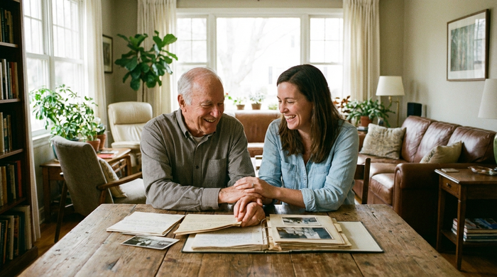Ein älterer Herr sitzt mit seiner Tochter an einem Holztisch in einem hellen Wohnzimmer. Beide betrachten entspannt einige Dokumente und lächeln.