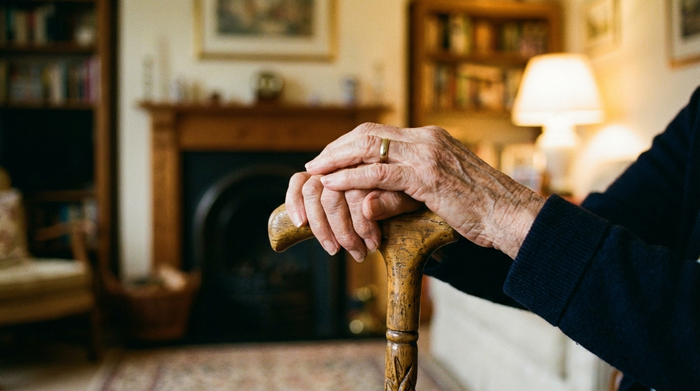 Nahaufnahme von Händen einer älteren Frau, die sanft auf einem hölzernen Gehstock ruhen. Im unscharfen Hintergrund ein gemütliches, warm beleuchtetes Wohnzimmer.