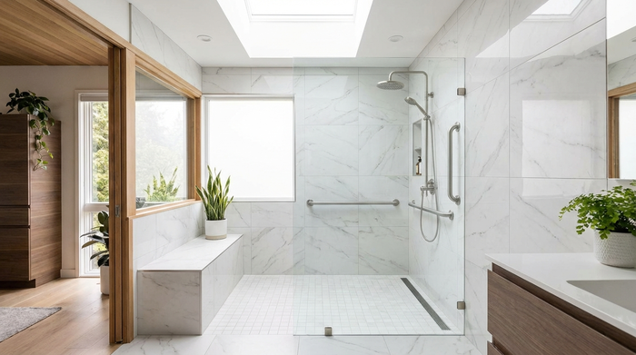 Eine moderne, ebenerdige und barrierefreie Dusche in einem hell gefliesten, stilvollen Badezimmer mit Haltegriffen und viel natürlichem Licht.