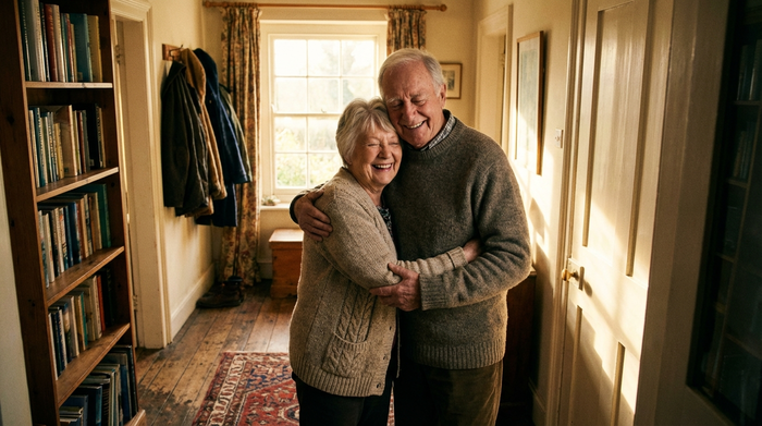 Ein glückliches älteres Paar umarmt sich herzlich im Flur eines gemütlichen Hauses. Warmes Sonnenlicht fällt durch das Fenster auf sie.