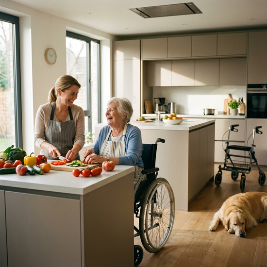 Eine freundliche Betreuungskraft kocht gemeinsam mit einer Seniorin in einer modernen, barrierefreien Küche. Beide lachen und schneiden frisches Gemüse. Helle und freundliche Atmosphäre.