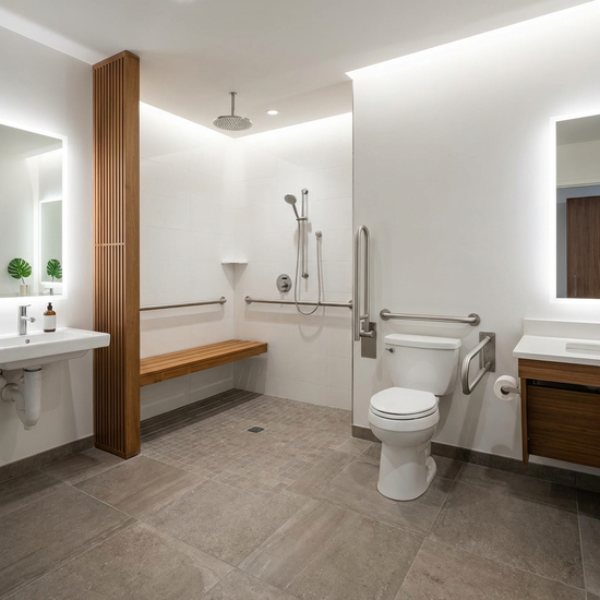 Ein modernes, barrierefreies Badezimmer mit einer großzügigen, ebenerdigen Dusche, Haltegriffen an den Wänden und rutschfesten Fliesen. Hell erleuchtet und sicher gestaltet.