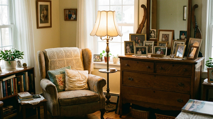 Ein liebevoll eingerichtetes Zimmer im Pflegeheim mit einem gemütlichen alten Ohrensessel, einer klassischen Stehlampe und gerahmten Familienfotos auf einer Kommode. Warme, einladende Stimmung.