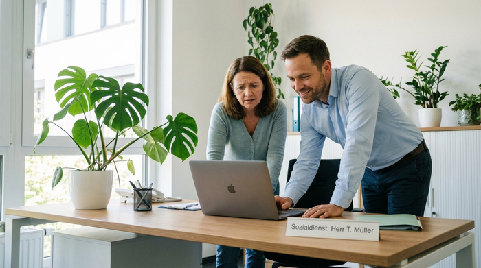 Ein freundlicher Sozialarbeiter in einem modernen Krankenhausbüro im Gespräch mit einer besorgten Angehörigen. Beide blicken konzentriert auf einen Laptop-Bildschirm. Helle, saubere Umgebung mit einer Topfpflanze auf dem Schreibtisch.