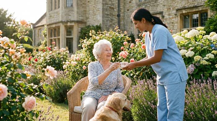 Eine ältere Dame sitzt entspannt in einem gepflegten Garten eines Seniorenheims, umgeben von blühenden Blumen. Eine Pflegekraft in heller Berufskleidung reicht ihr lächelnd eine Tasse Tee. Sonniges, warmes Wetter.