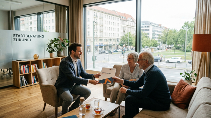 Ein modernes, städtisches Beratungsbüro von innen. Ein Berater überreicht einem älteren Ehepaar eine Informationsmappe. Freundliche, einladende Atmosphäre mit großen Fenstern und bequemen Stühlen.