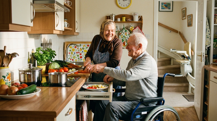 Eine liebevolle osteuropäische Betreuungskraft kocht gemeinsam mit einem lächelnden Senior in einer gemütlichen, barrierefreien Küche. Frisches Gemüse liegt auf der Arbeitsplatte. Ein Treppenlift ist im Hintergrund dezent sichtbar.