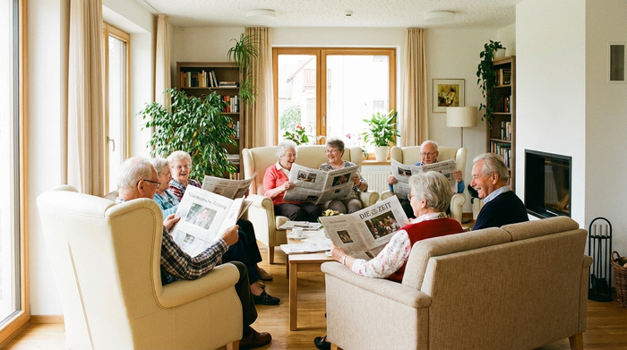 Senioren sitzen in einer gemütlichen Runde in hellen, bequemen Sesseln und lesen gemeinsam die Zeitung. Warme, einladende Atmosphäre in einem sauberen und freundlichen Raum, realistische Fotografie.