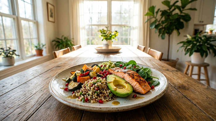Ein appetitlich angerichtetes, gesundes Mittagessen auf einem schönen Keramikteller, serviert auf einem rustikalen Holztisch in einem sonnigen Esszimmer. Realistische Fotografie, keine Schriftzüge.