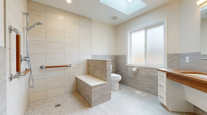 Ein modernes, barrierefreies Badezimmer mit einer großzügigen, ebenerdigen Dusche, eleganten Fliesen und stabilen Haltegriffen an der Wand. Sauberes, sicheres und helles Design für Senioren.