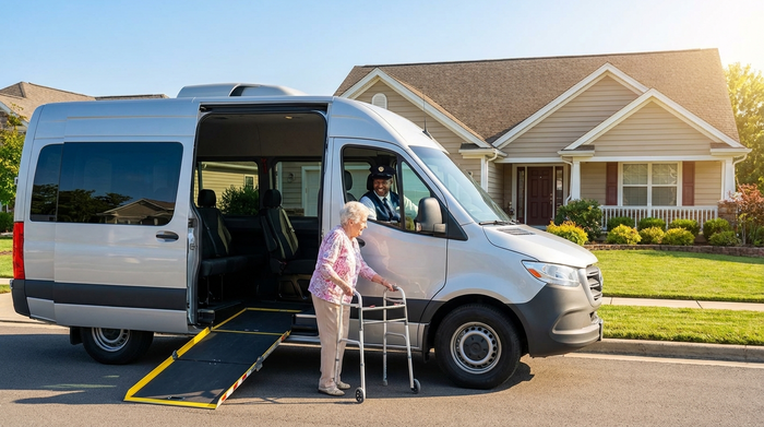 Ein moderner, barrierefreier Kleinbus steht mit geöffneter Schiebetür vor einem gepflegten Einfamilienhaus. Ein freundlicher Fahrer begrüßt eine ältere Dame an der Haustür. Sonnenlicht, klare und freundliche Atmosphäre ohne Text im Bild.