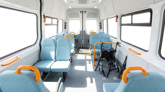 Innenansicht eines geräumigen, sauberen Kleinbusses für Senioren. Im hinteren Bereich sind zwei Rollatoren sicher mit Gurten befestigt. Bequeme Sitze mit Haltegriffen. Helles und sicheres Interieur ohne Beschriftungen.