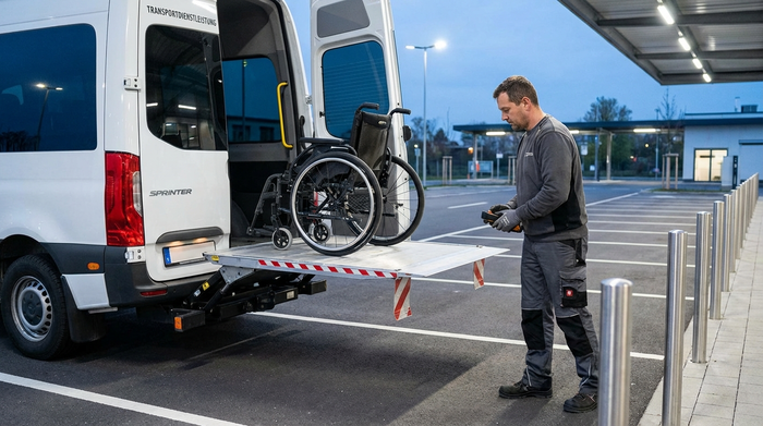 Ein Fahrer bedient konzentriert eine hydraulische Hebebühne am Heck eines weißen Transporters, um einen leeren, modernen Rollstuhl sicher in das Fahrzeug zu heben. Sichere, gut beleuchtete Umgebung auf einem sauberen Parkplatz.
