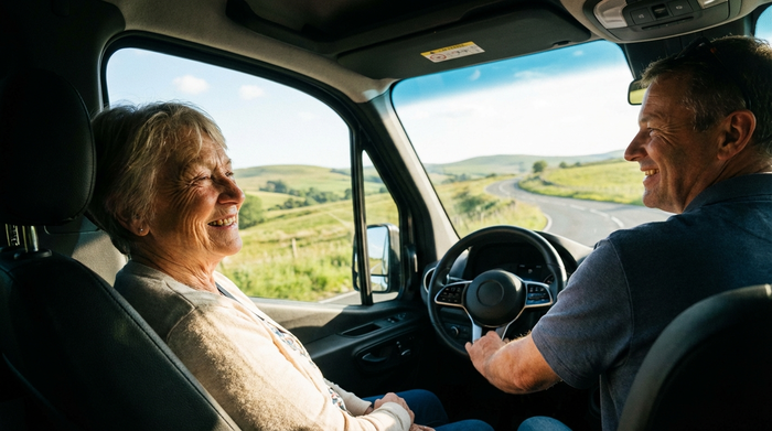 Eine lächelnde ältere Dame sitzt entspannt auf dem Beifahrersitz eines modernen Kleinbusses und blickt aus dem Fenster. Der Fahrer am Steuer lächelt ebenfalls. Ruhige, entspannte Stimmung während der Fahrt bei sonnigem Wetter.
