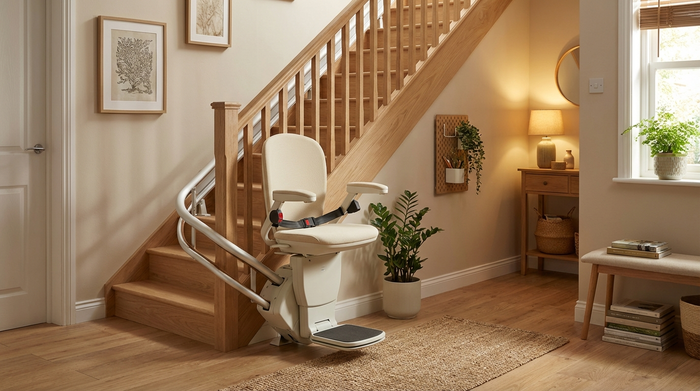 Ein moderner Treppenlift an einer hellen Holztreppe in einem gemütlichen, aufgeräumten Flur eines Wohnhauses. Der Lift sieht sicher und komfortabel aus. Warmes Licht, wohnliche und ordentliche Umgebung.