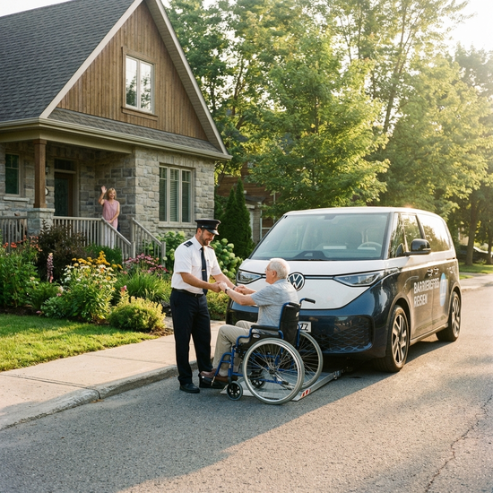 Ein moderner, rollstuhlgerechter Kleinbus hält an einem sonnigen Morgen vor einem gepflegten Haus in einer ruhigen Wohngegend. Ein freundlicher Fahrer hilft einem Senior rücksichtsvoll beim Einsteigen.