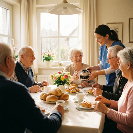 Mehrere Senioren sitzen fröhlich an einem liebevoll gedeckten Frühstückstisch mit frischen Brötchen und Kaffee. Eine Pflegekraft gießt lächelnd Kaffee ein. Natürliches, warmes Morgenlicht.