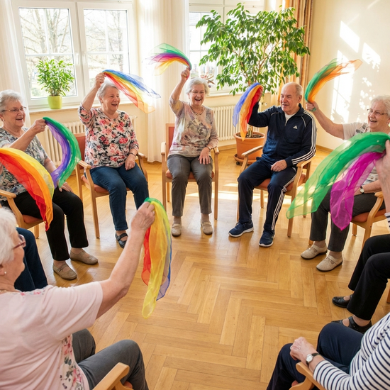 Eine Gruppe von Senioren sitzt im Kreis und macht leichte Gymnastikübungen mit bunten Tüchern. Alle lächeln und sind aktiv. Ein heller, freundlicher Raum mit Parkettboden.