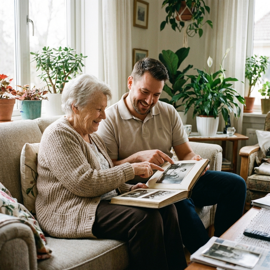 Eine ältere Dame und ein Pfleger betrachten gemeinsam ein altes Schwarz-Weiß-Fotoalbum. Beide lächeln entspannt. Gemütliche Atmosphäre mit Zimmerpflanzen im Hintergrund.