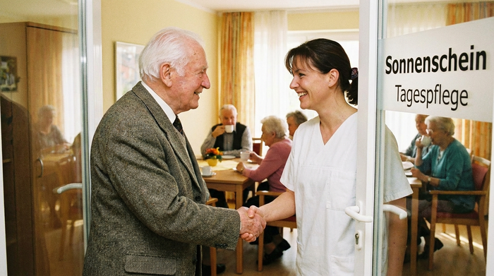 Ein Senior wird an der Tür einer Tagespflegeeinrichtung herzlich von einer Pflegekraft empfangen. Beide geben sich die Hand und lächeln sich an. Im Hintergrund sind weitere Gäste bei einer Tasse Kaffee zu sehen.